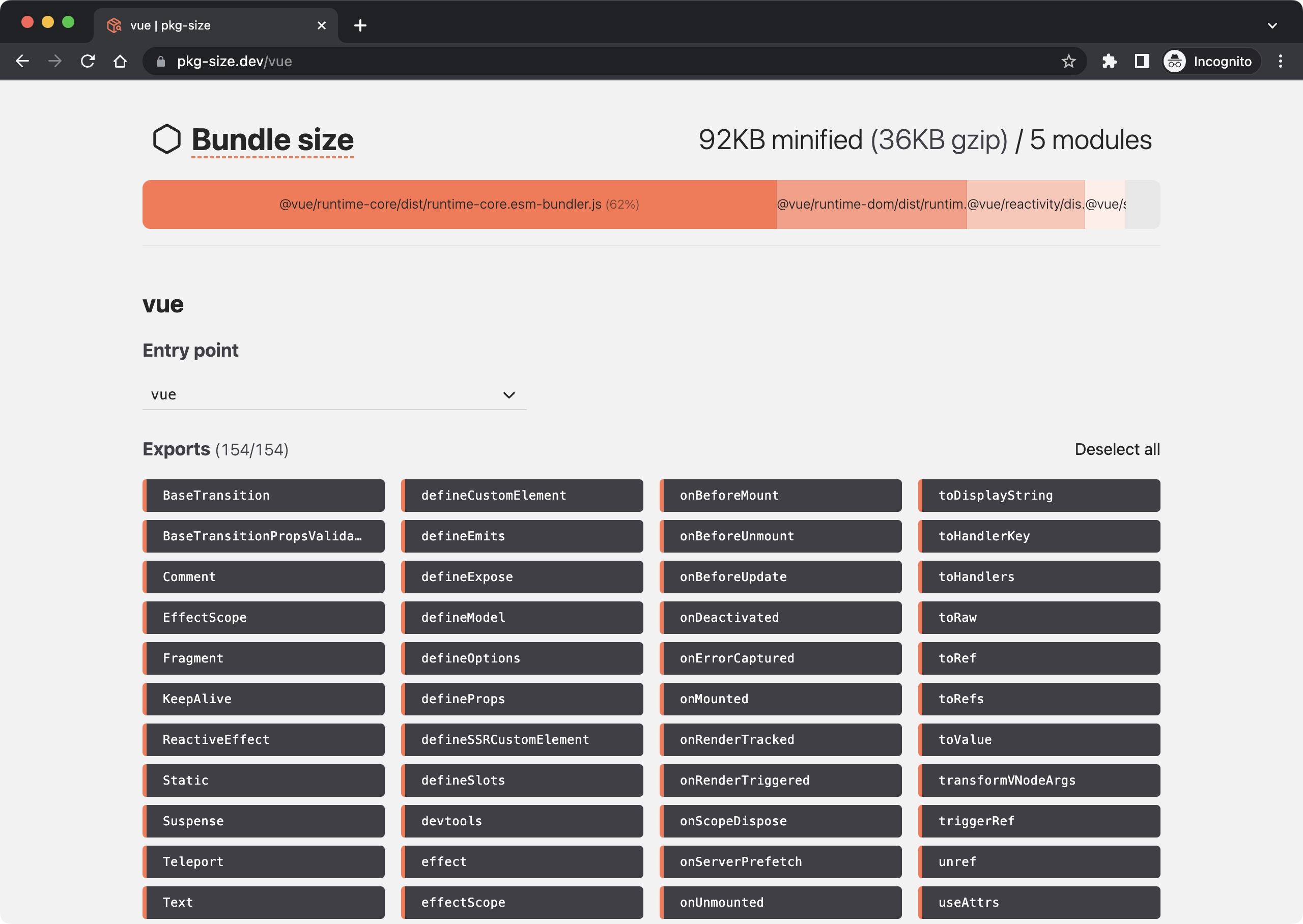 Bundle size section of pkg-size.dev